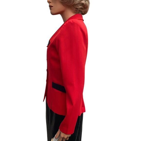 Red Blazer Jacket Women Sz 10 Fitted Black Vtg Made USA New York Pin Stripe - Picture 2 of 14